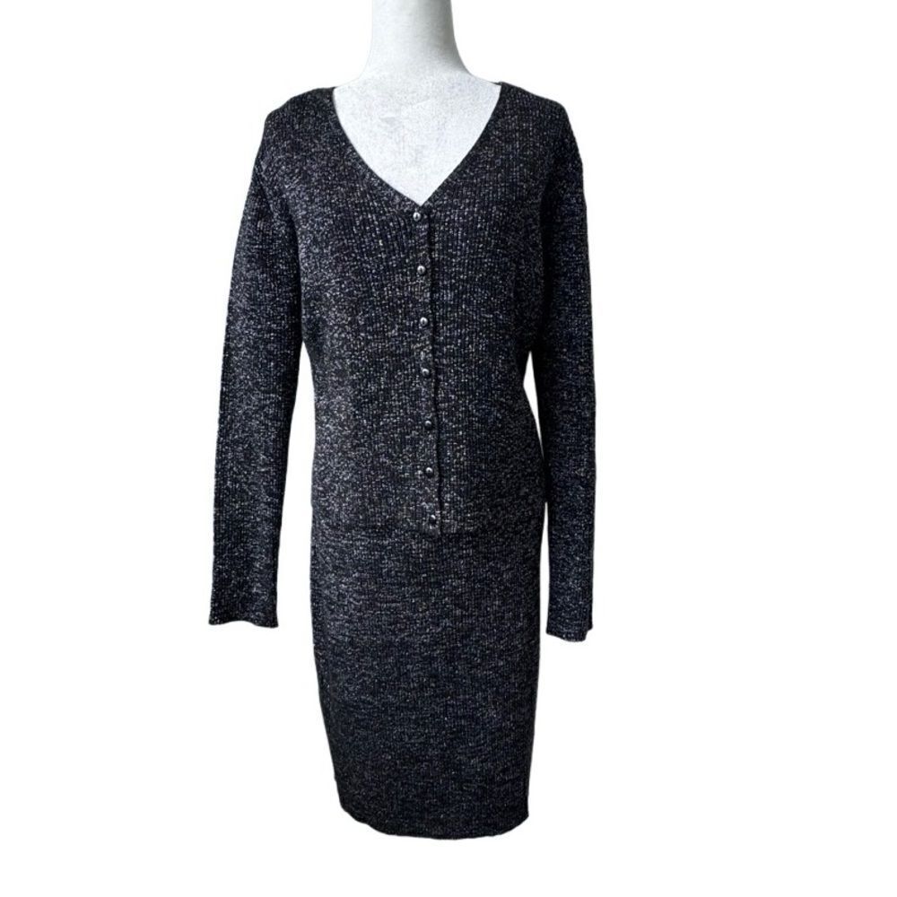 Tower Hill Knit Sleeveless Dress Cardigan Two Piece Black Metallic VTG XL